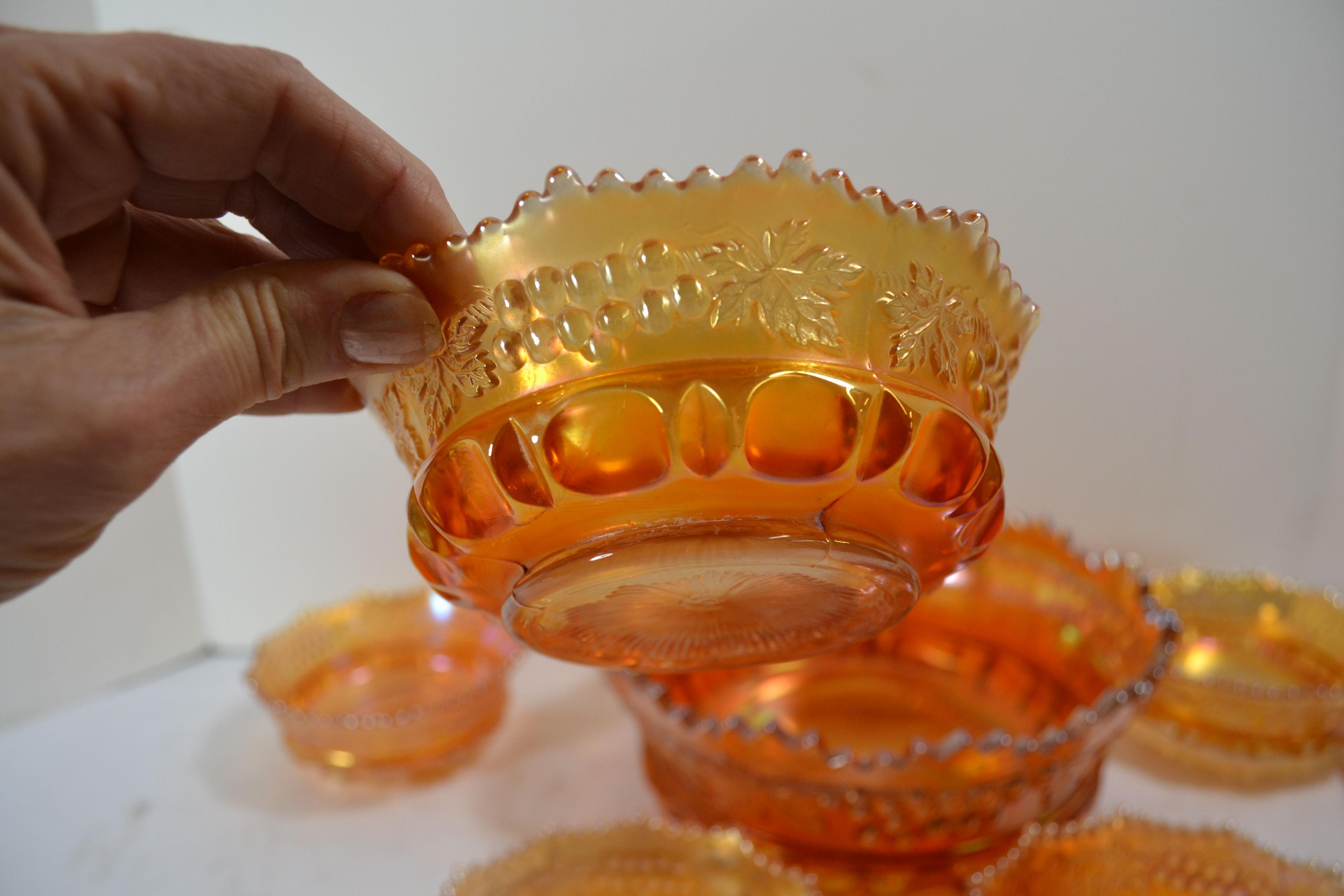 Berry Bowl w/6 Dishes in Marigold Carnival Glass Grape and Cable Pattern By Northwood; One Cracked;