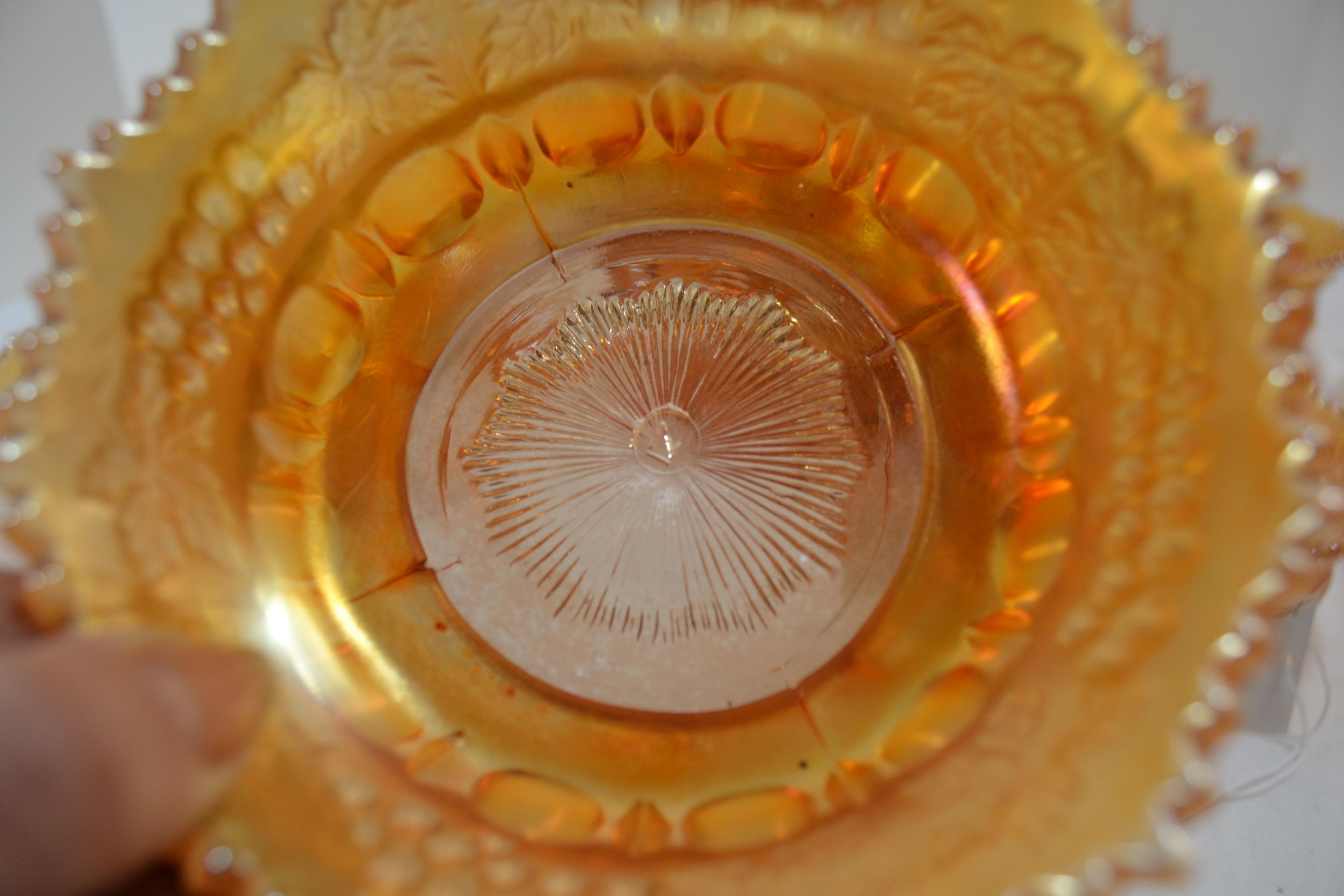 Berry Bowl w/6 Dishes in Marigold Carnival Glass Grape and Cable Pattern By Northwood; One Cracked;