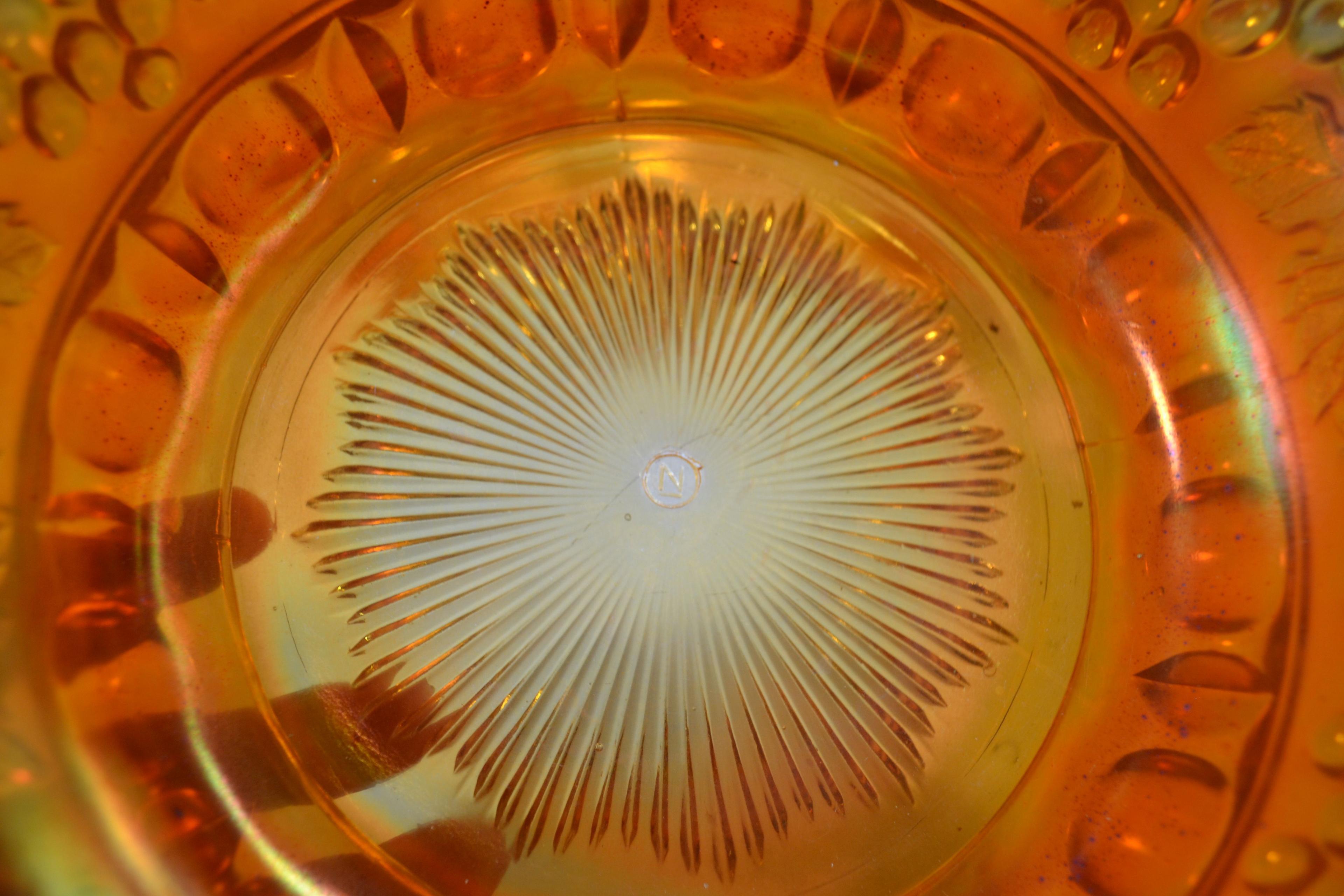 Berry Bowl w/6 Dishes in Marigold Carnival Glass Grape and Cable Pattern By Northwood; One Cracked;