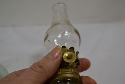 Pair of Vintage Mini Oil Lamps; Clear Green and Hand Painted Flowers; One Chimney is Cracked