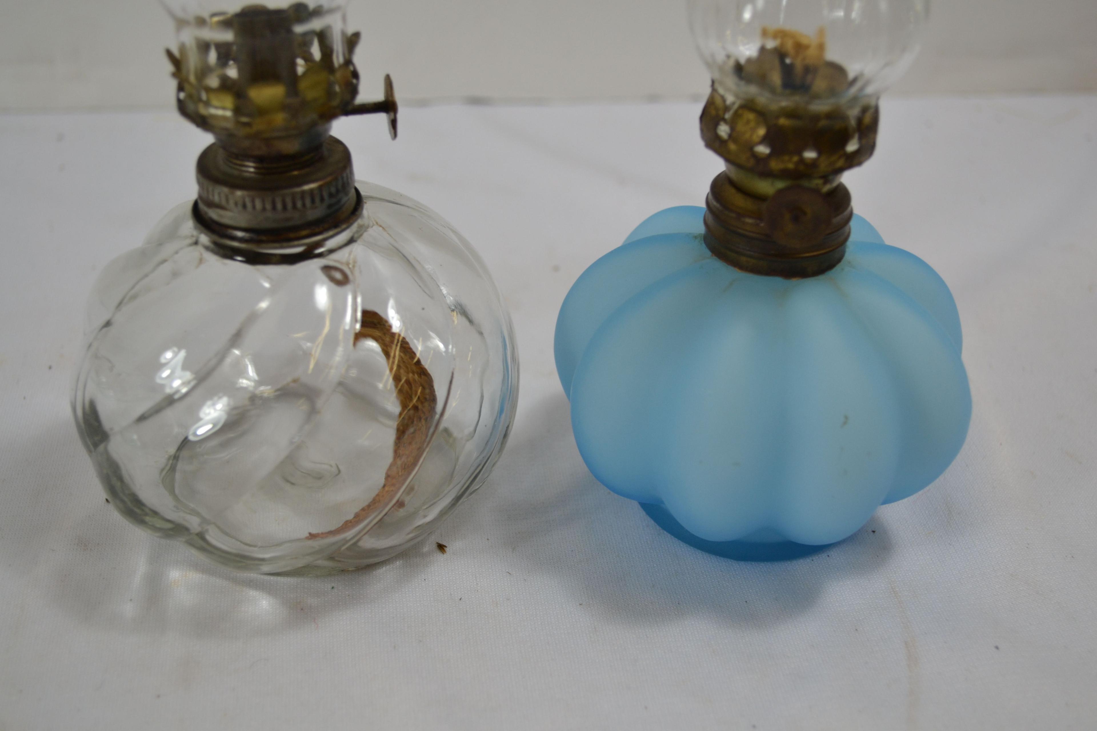 2 Vintage Mini Oil Lamps including Clear Spiral Melon and Blue Frosted Melon