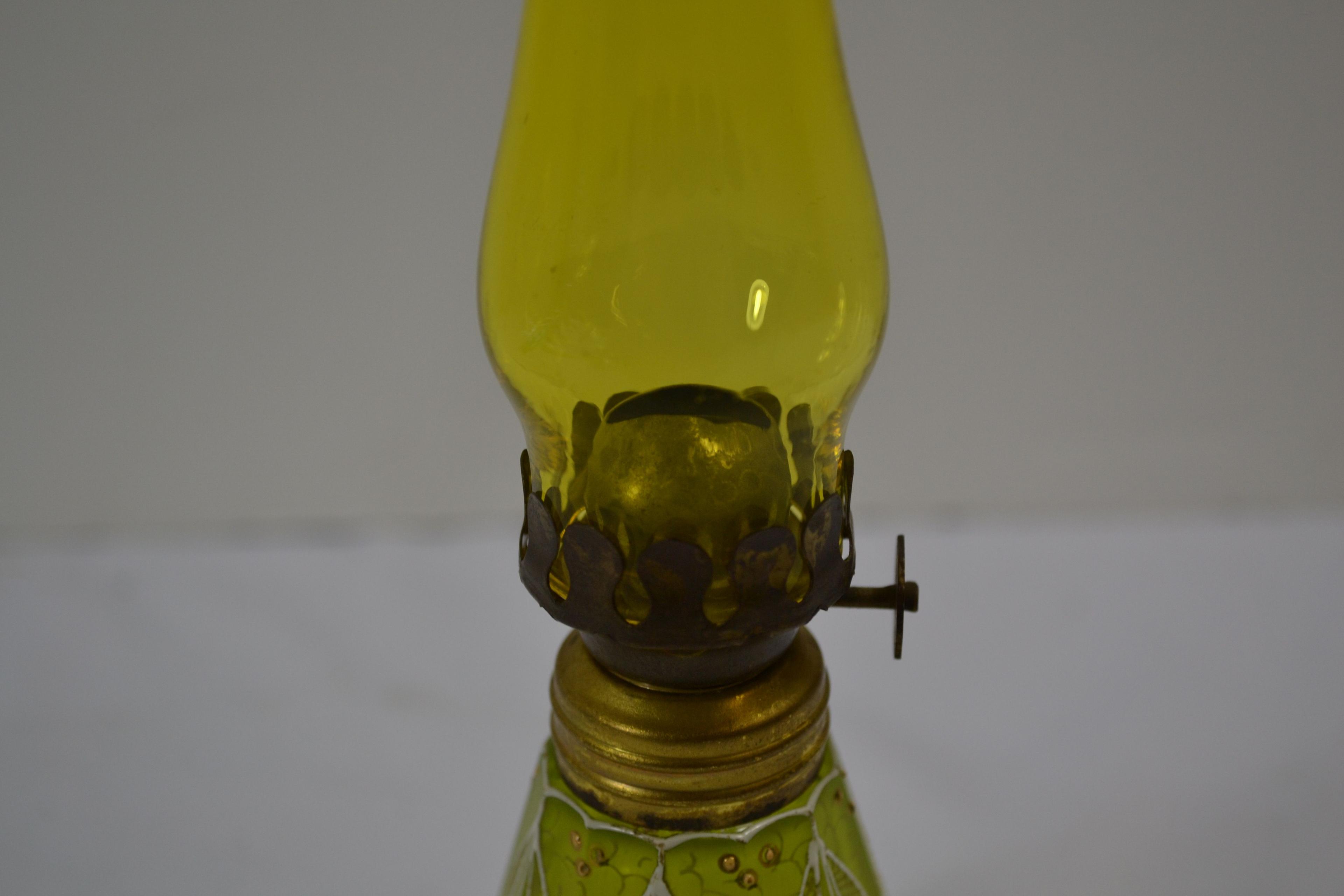 Vintage Green Mini Oil Lamp w/Applied Enamel White and Gold Paint; 3" High' Small Chip on Base