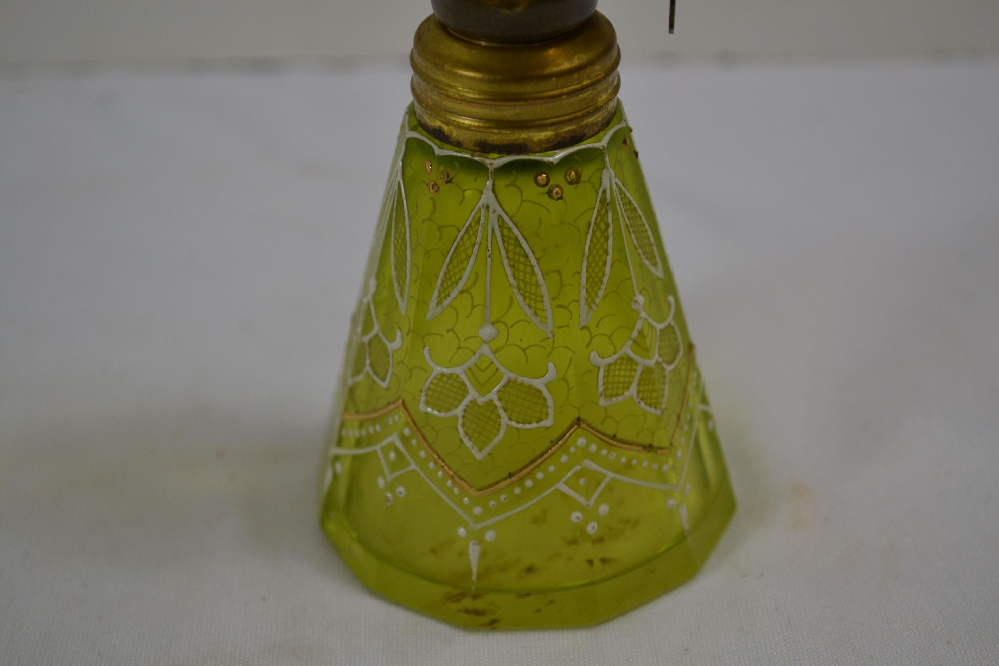 Vintage Green Mini Oil Lamp w/Applied Enamel White and Gold Paint; 3" High' Small Chip on Base
