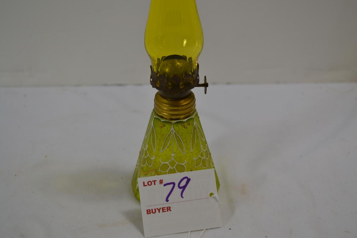 Vintage Green Mini Oil Lamp w/Applied Enamel White and Gold Paint; 3" High' Small Chip on Base