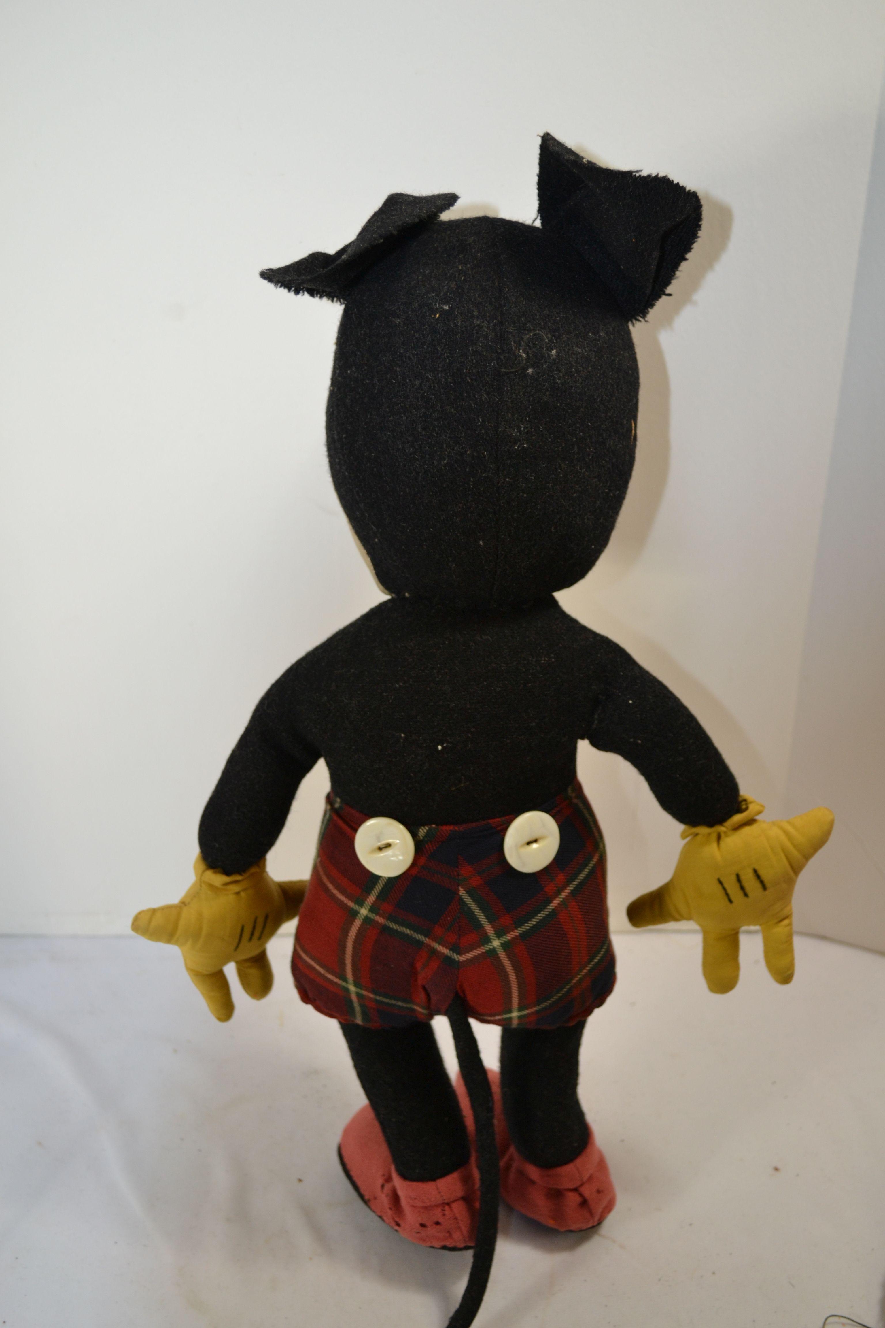 Vintage Felt and Cloth w/Satin Face Mickey Mouse; 1930s to 1950s; Bendable; 18"; Arm Needs Stitches