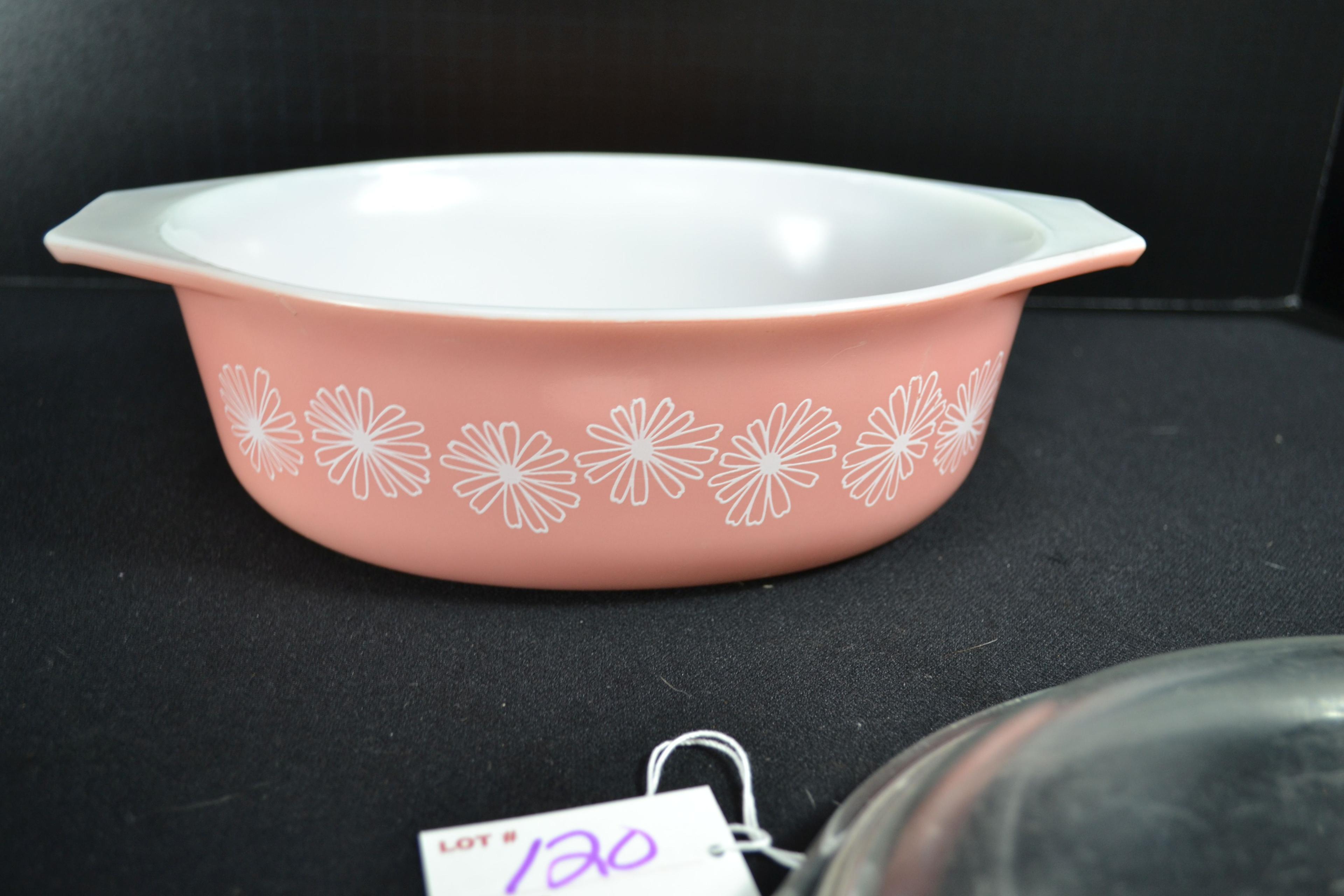 Pyrex Pink Daisy No. 043 Casserole w/Lid; Mfg. 1956-1962