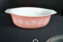 Pyrex Pink Daisy No. 043 Casserole w/Lid; Mfg. 1956-1962