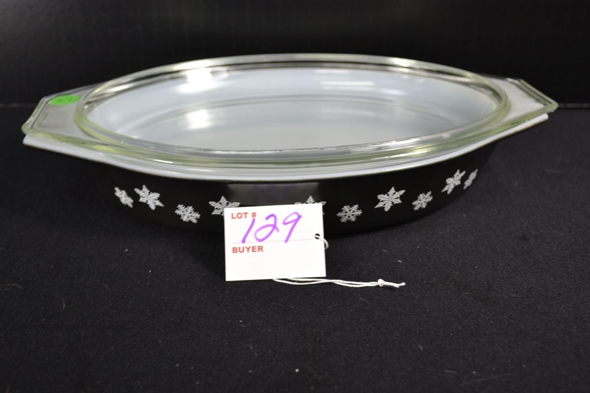 Pyrex White Snowflake on Charcoal Open Baker w/Lid; Mfg. 1958-1960