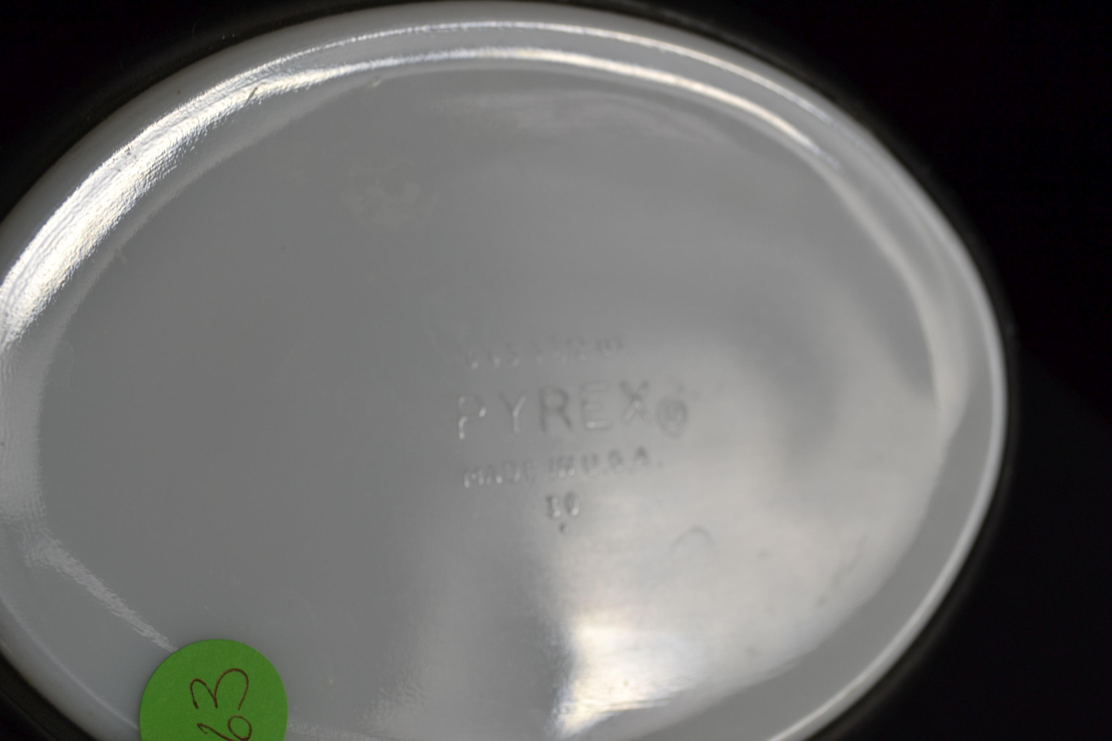 Pyrex White Snowflake on Charcoal No. 043 Casserole w/Lid; Mfg. 1956-1960