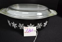 Pyrex White Snowflake on Charcoal No. 043 Casserole w/Lid; Mfg. 1956-1960