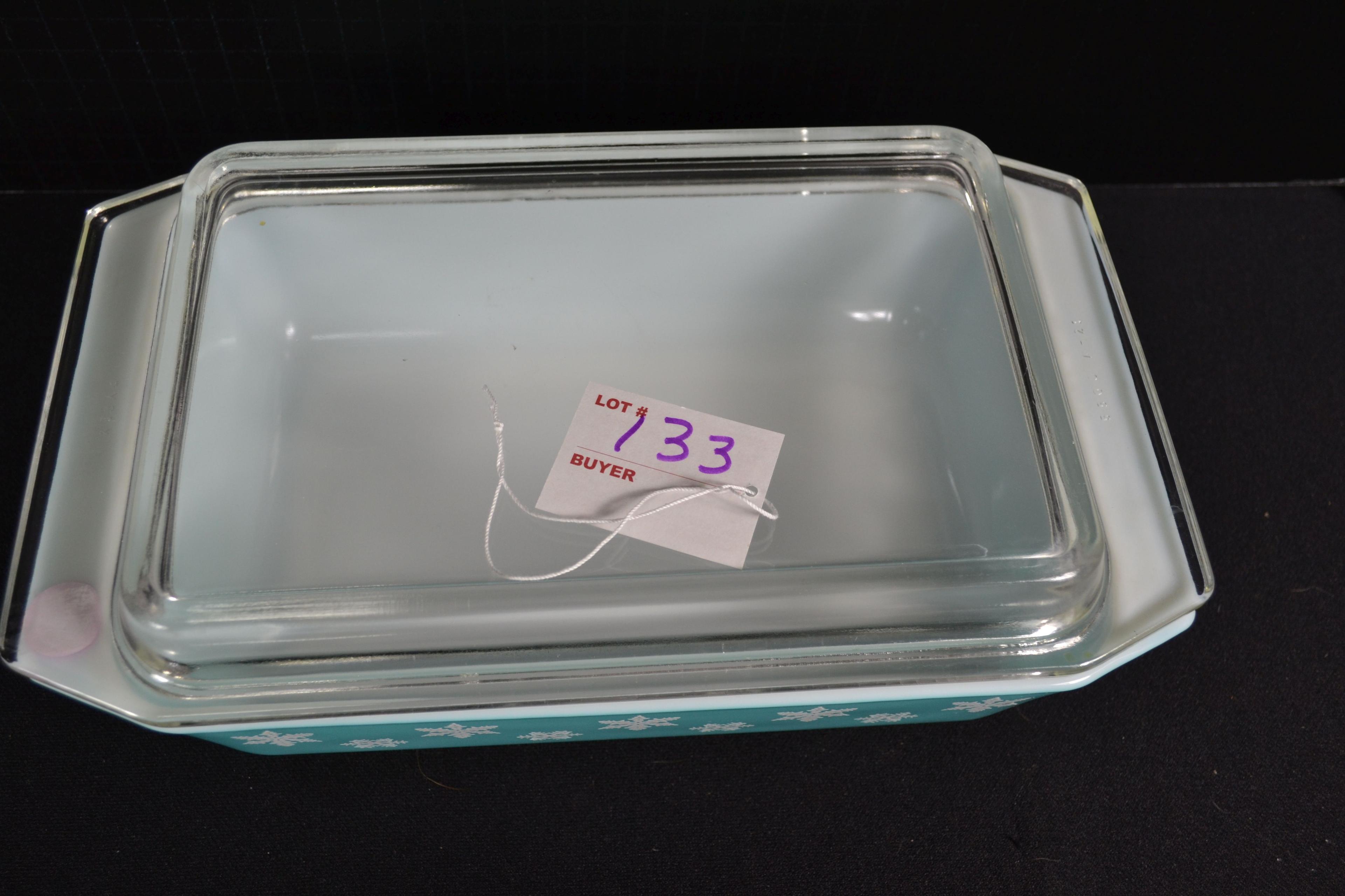 Pyrex White Snowflake on Turquoise No. 575 Space Saver w/Lid; Mfg. 1957-1963