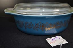 Pyrex Golden Bouquet on Blue No. 043 Casserole w/Lid; Mfg. 1965