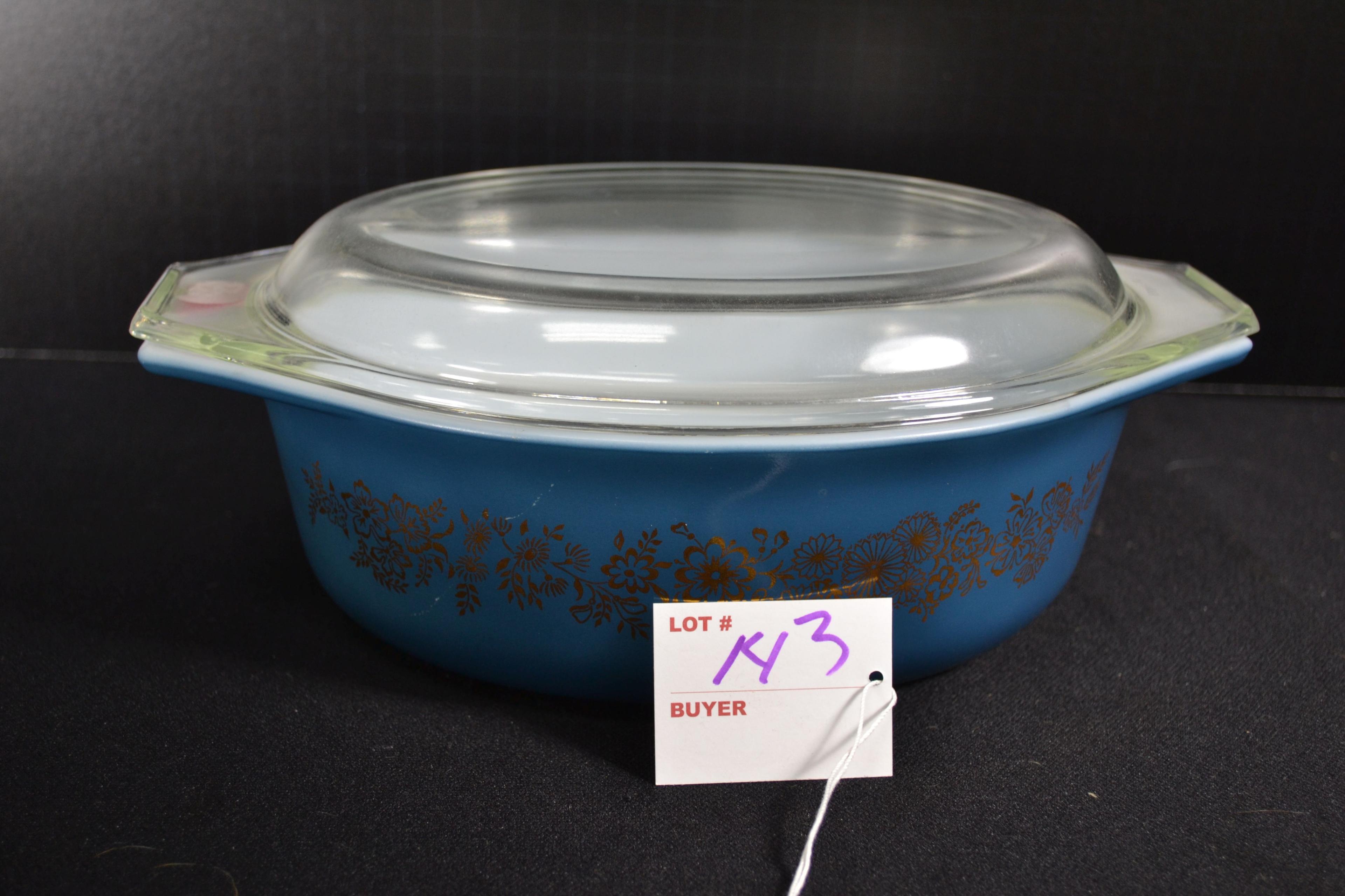 Pyrex Golden Bouquet on Blue No. 043 Casserole w/Lid; Mfg. 1965