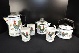 Vintage Rooster Pattern Enameled Coffee Pot, Tea Pot, Small Coffee Pot w/Insides by Berggren, Salt a