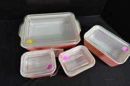 Pyrex Pink Refrigerator Set including No. 501 (x2), No. 502, and No. 503 w/Lids; Mfg. 1956-1958