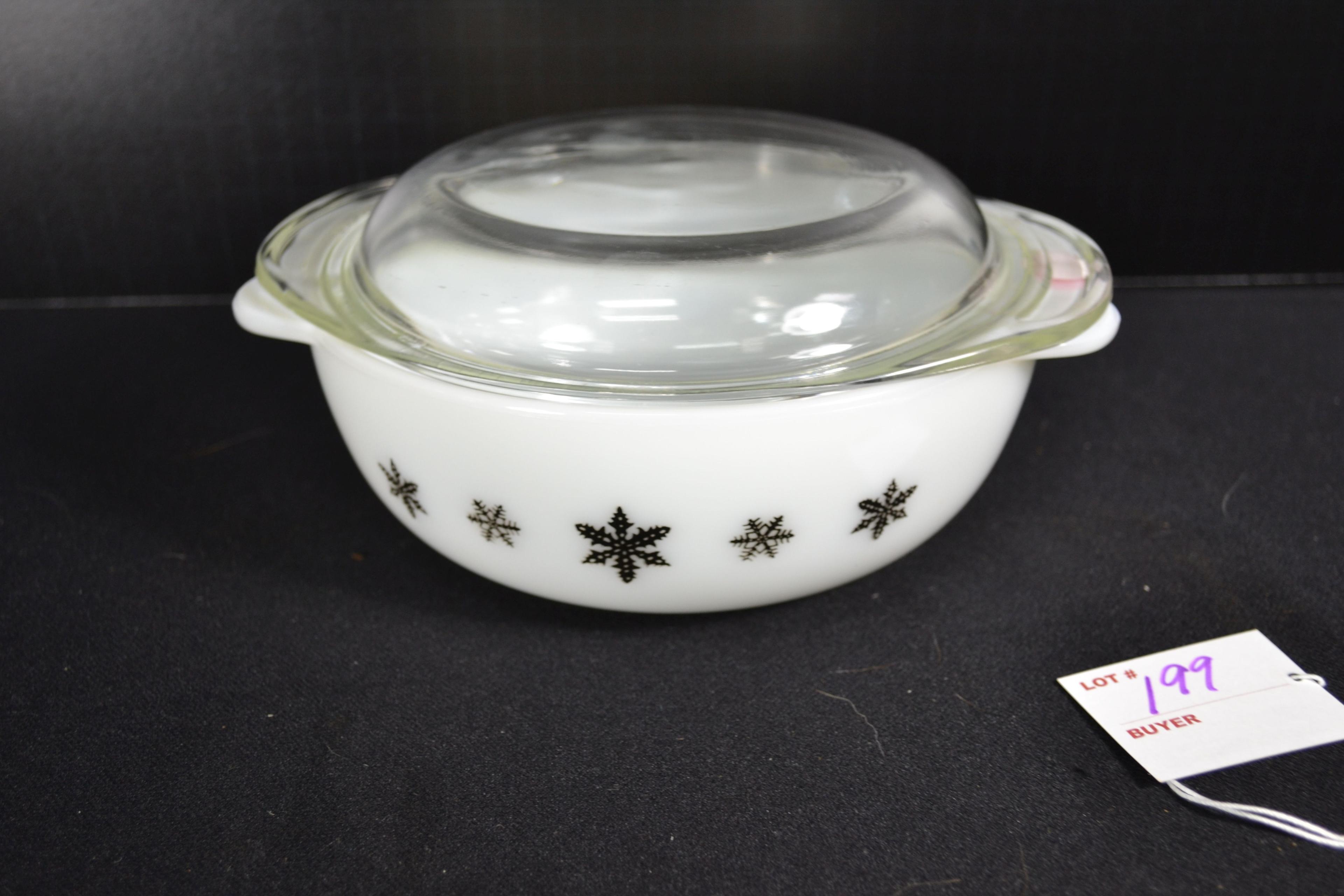 JAJ Pyrex Black Snowflake on White Casserole No. 023 w/Lid from England