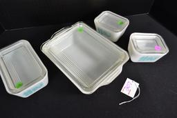 Pyrex Butterprint Refrigerator Set including Nos. 501 (x2), 502,and 503 w/Lids; Mfg. 1959-1960