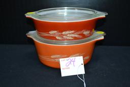 Pyrex Autumn Harvest Bake, Serve, and Store Dishes Nos. 471 and 472 w/Lids; Mfg. 1979-1986