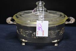 Pyrex Clear Oval Casserole w/Engraved Lid and Farberware Cradle; Casserole has Corning Glassworks' C