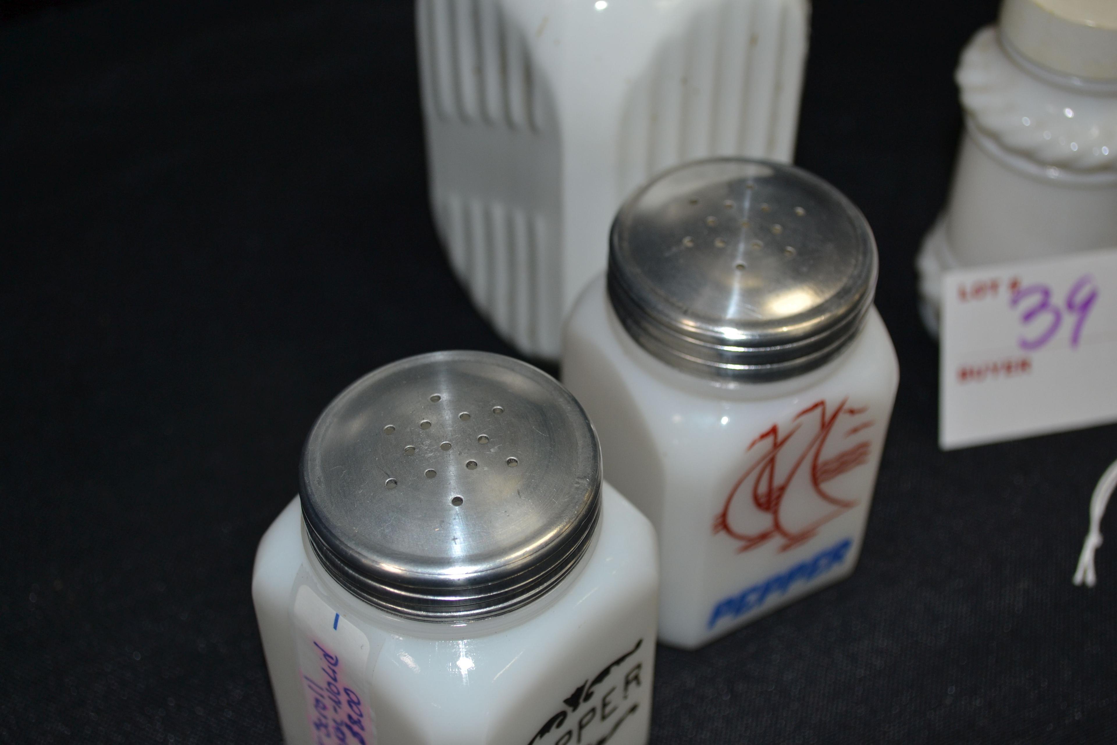 Group of Milk Glass Salt and Pepper and Spice Jars