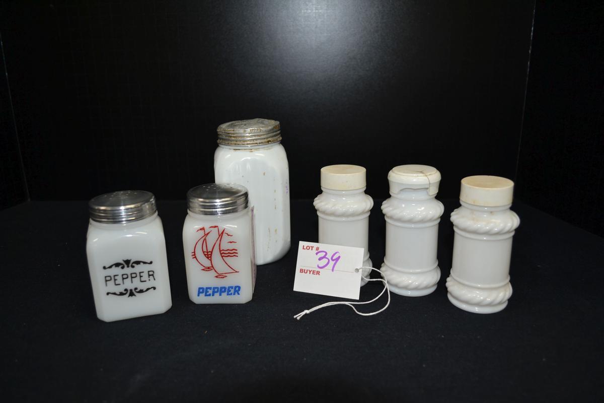 Group of Milk Glass Salt and Pepper and Spice Jars