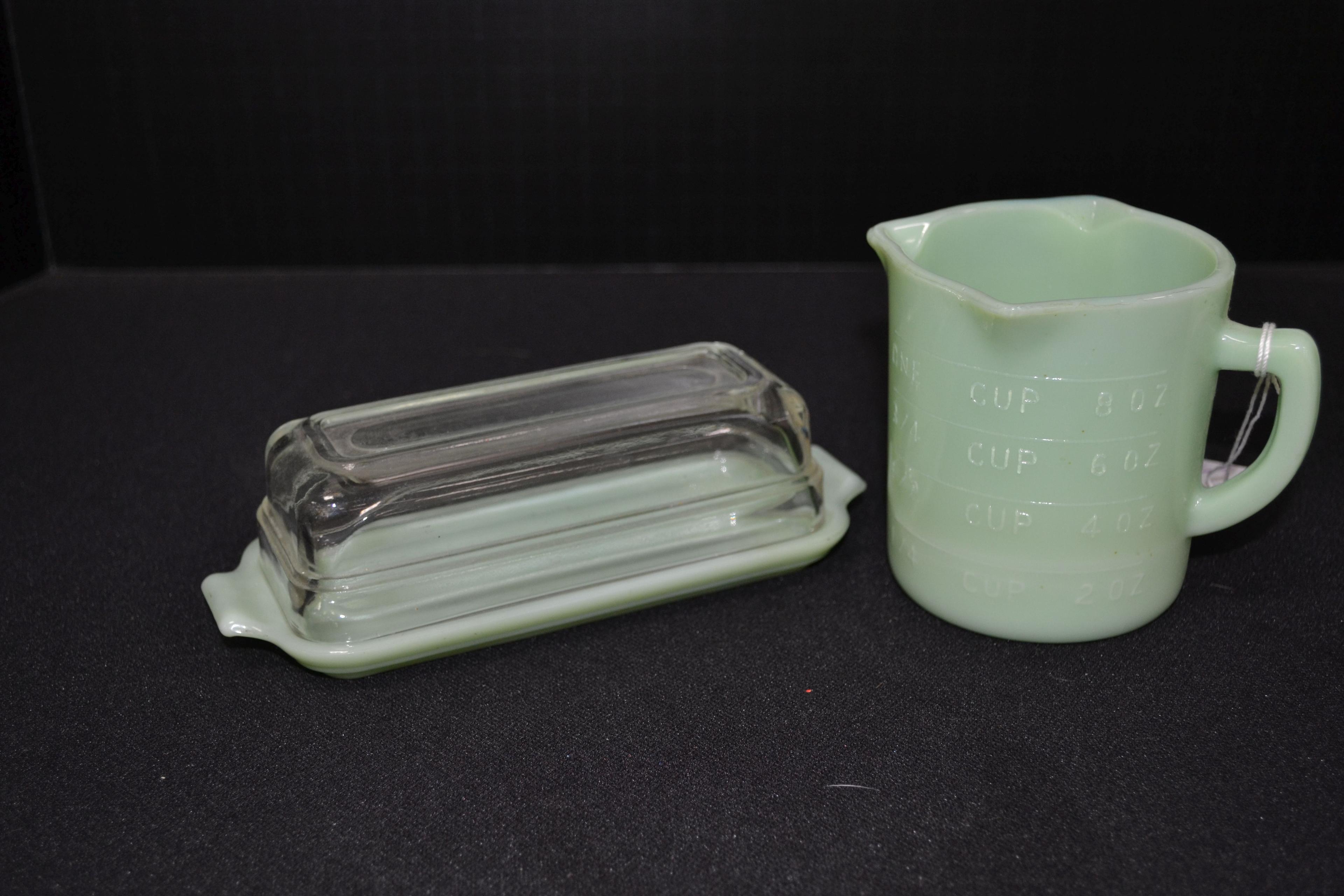 Fire-King Jadeite Butter Dish and Fire-King Jadeite One Cup Liquid Measuring Cup