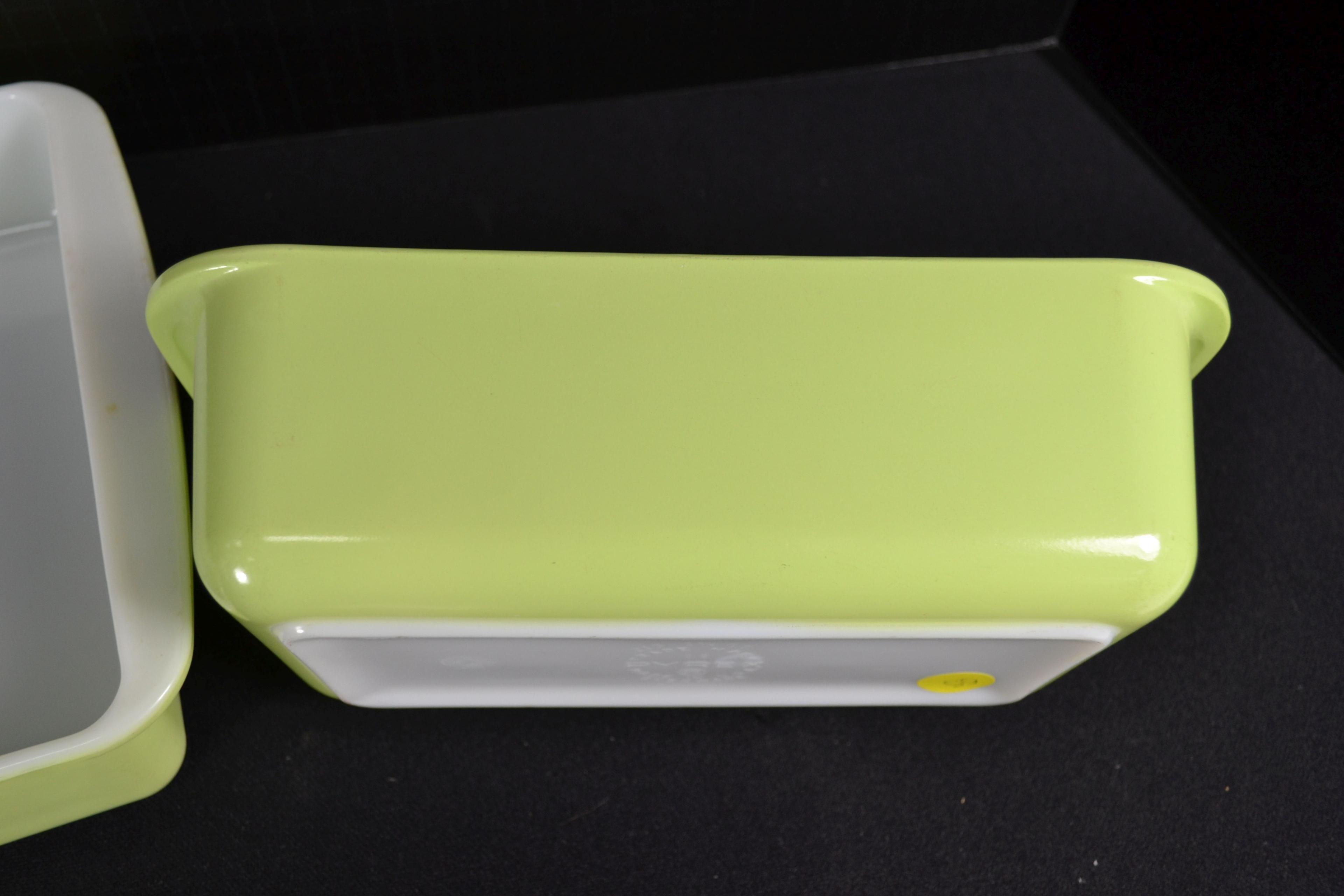 Pyrex Lime Bakeware including No. 213 Loaf Pan and No. 222 Square Cake Dish; Mfg. 1952-1955