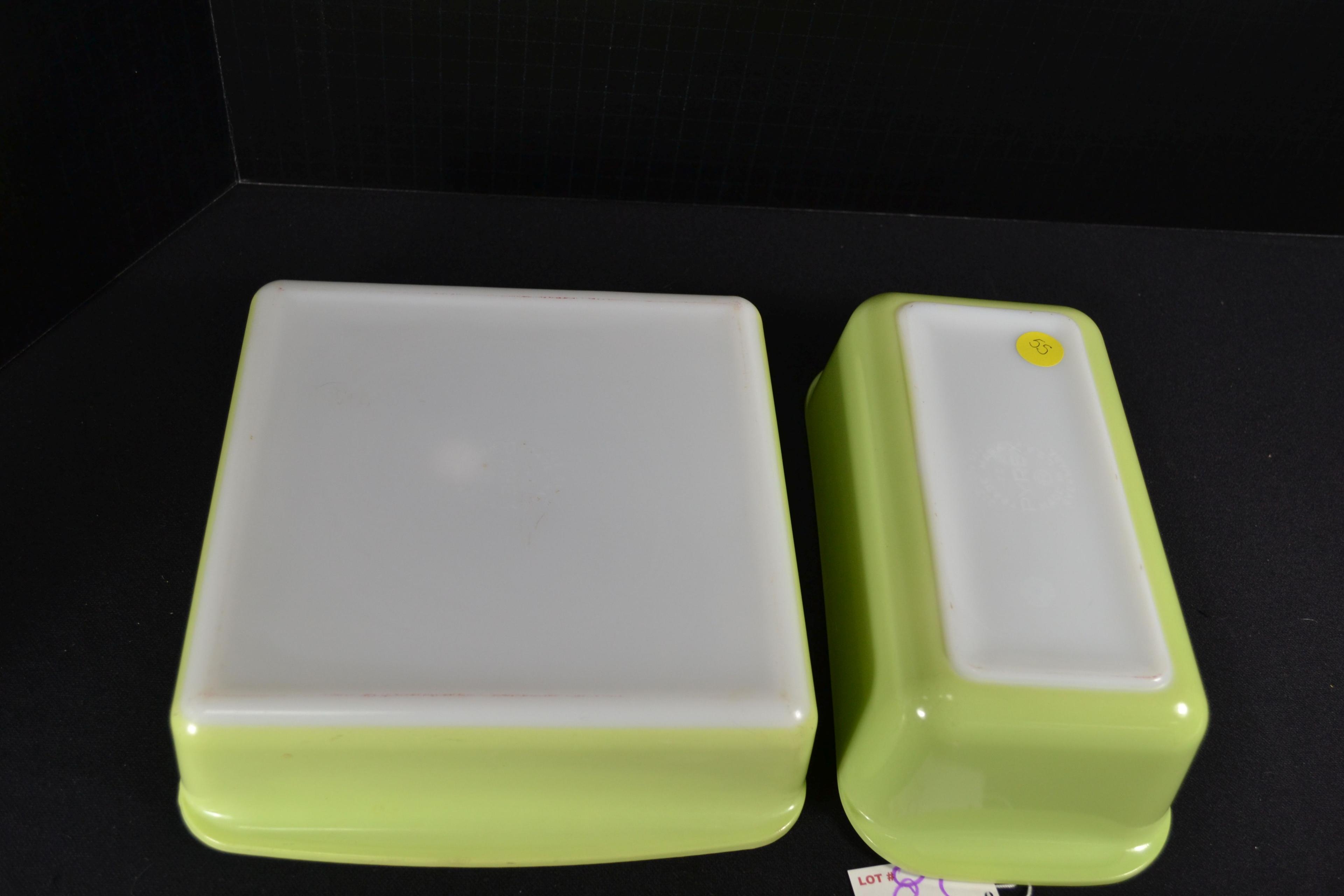 Pyrex Lime Bakeware including No. 213 Loaf Pan and No. 222 Square Cake Dish; Mfg. 1952-1955