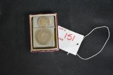 Parker Lighter w/Attached Foreign Silver Coins; Original Box