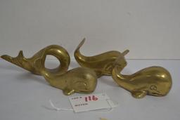 Group of 3 Brass Miniature Whales and One Whale Napkin Ring