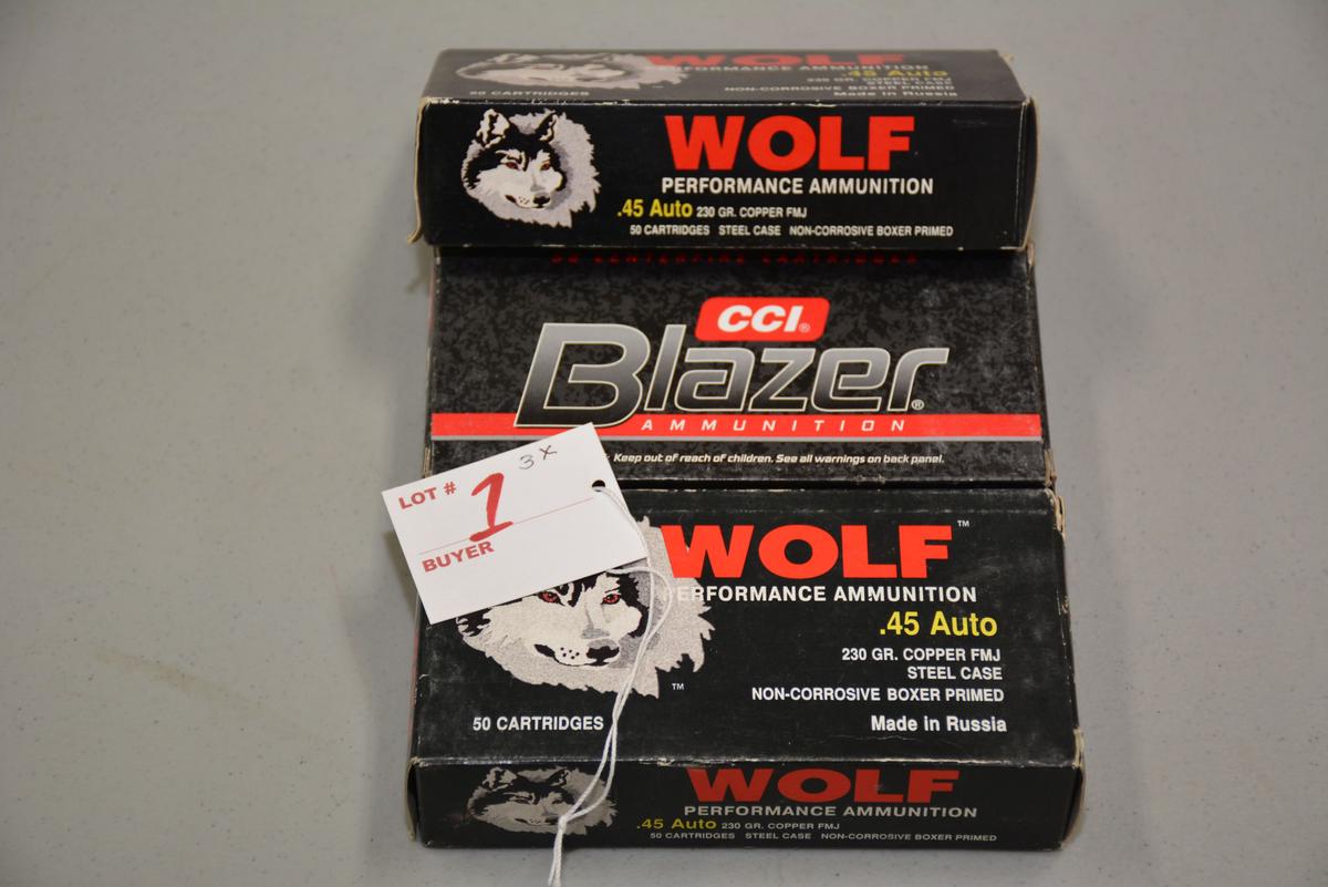 1 Box Blazer .45 Auto 230 gr. FMJ; 50 Rds./Box and 2 Boxes Wolf .45 Auto 230 gr. FMJ 50 Rds./Box; 3x