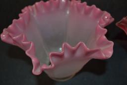 Group of 3 Fenton Pink/White Frosted Ruffled Edge Lamp Shades
