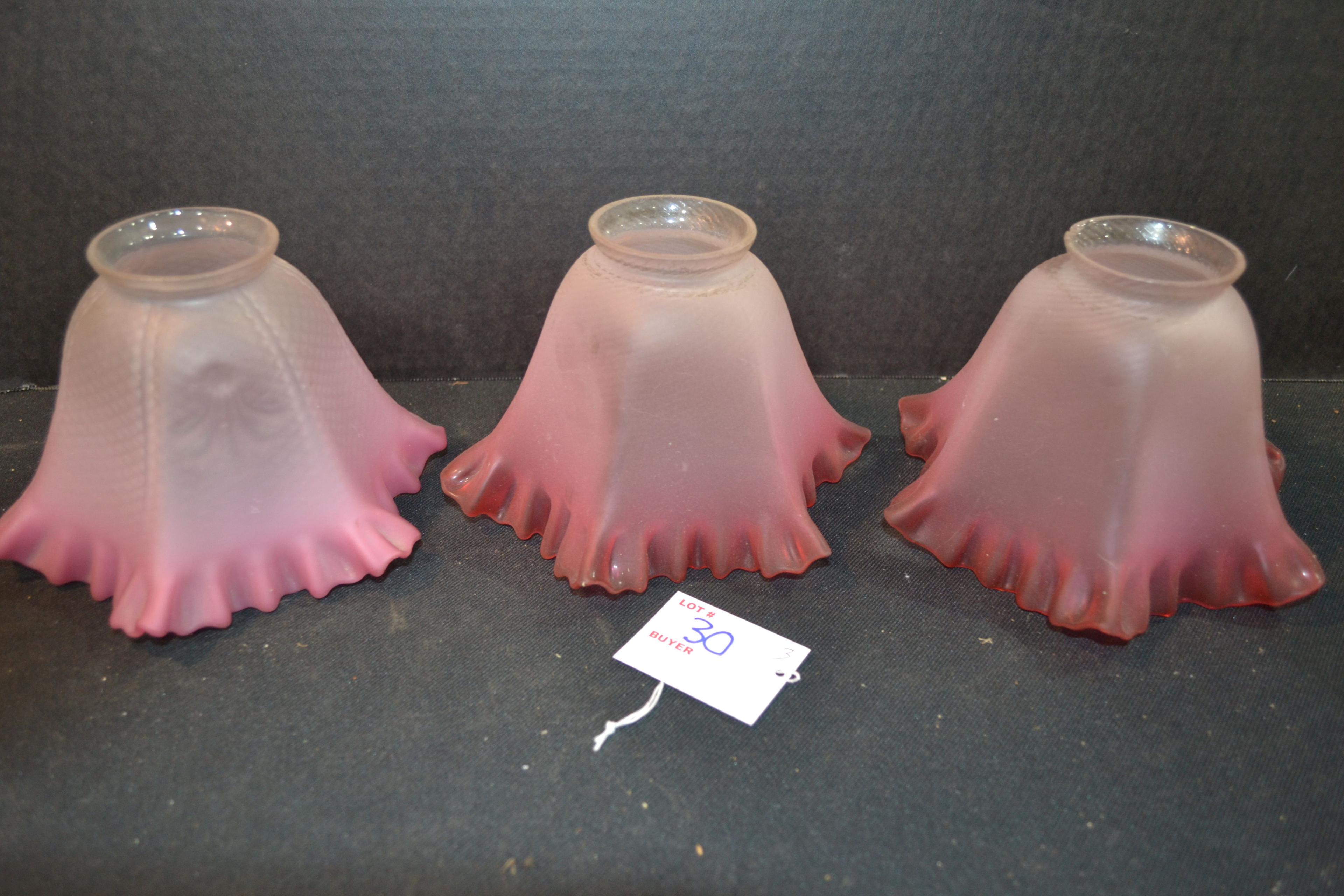 Group of 3 Fenton Pink/White Frosted Ruffled Edge Lamp Shades