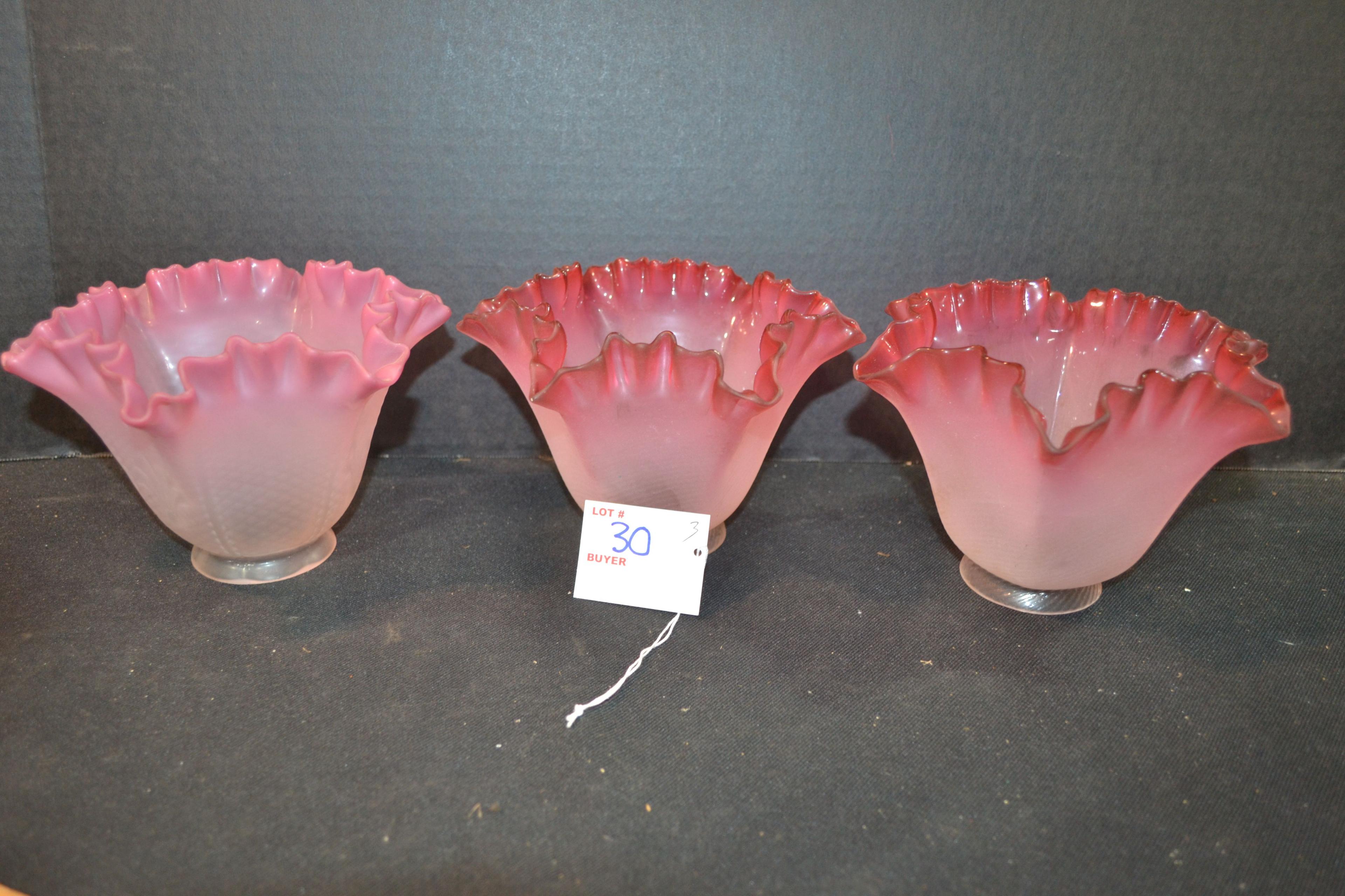 Group of 3 Fenton Pink/White Frosted Ruffled Edge Lamp Shades