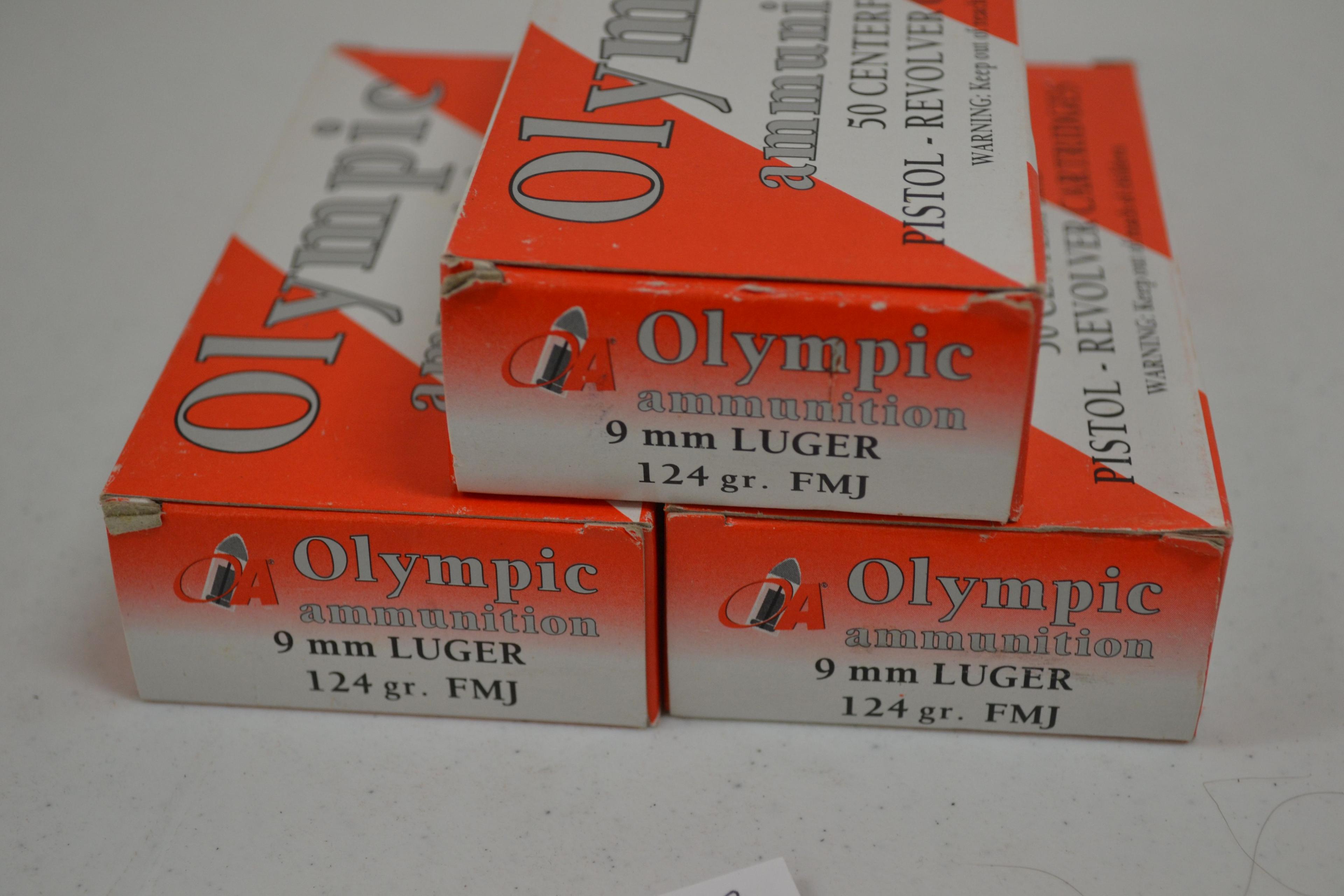 3 Boxes - Olympic 9mm Luger 124 gr. FMJ Cartridges; 50 Rds./Box
