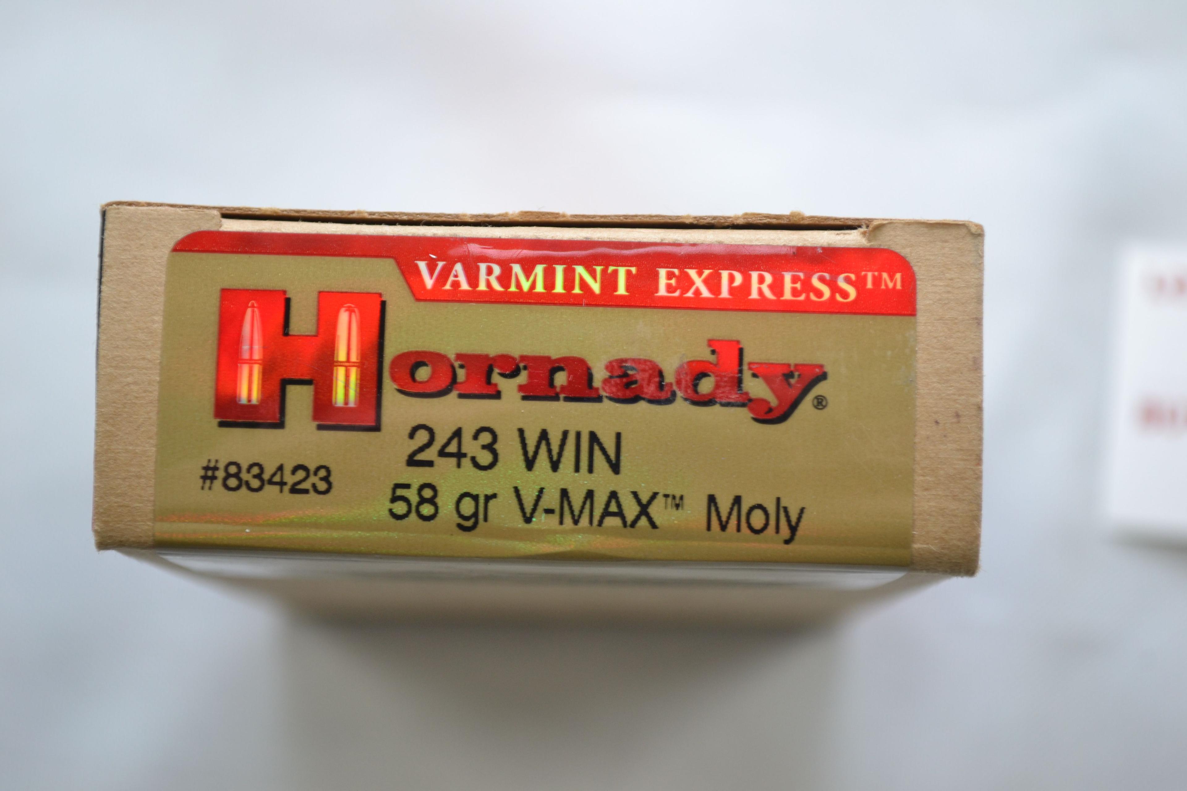 1 Box - Hornady .243 Win. Cal. 58 gr. V-Max Moly; 20 Rds./Box