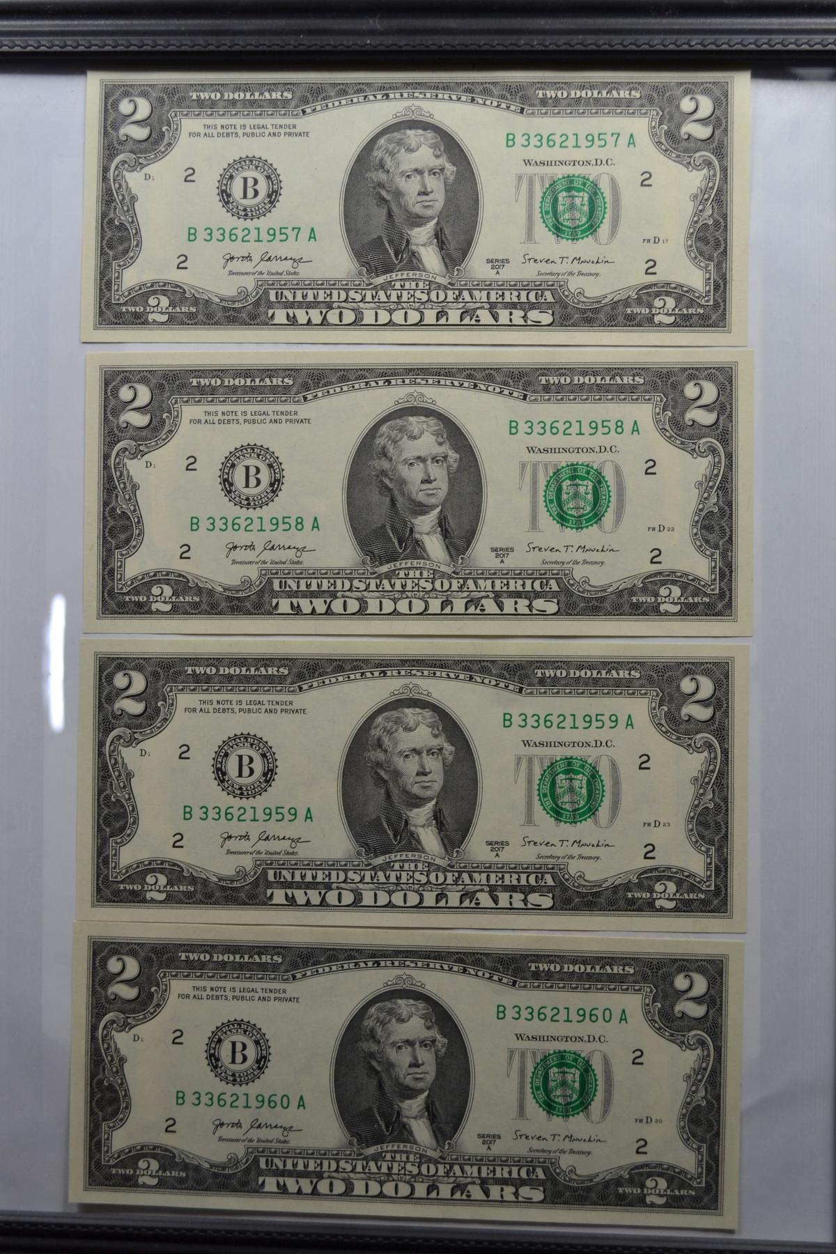 Group of 4 - Consecutive 2017-A Two Dollar Bills; CU