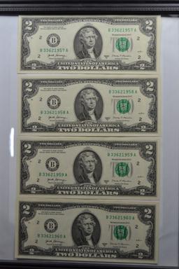 Group of 4 - Consecutive 2017-A Two Dollar Bills; CU