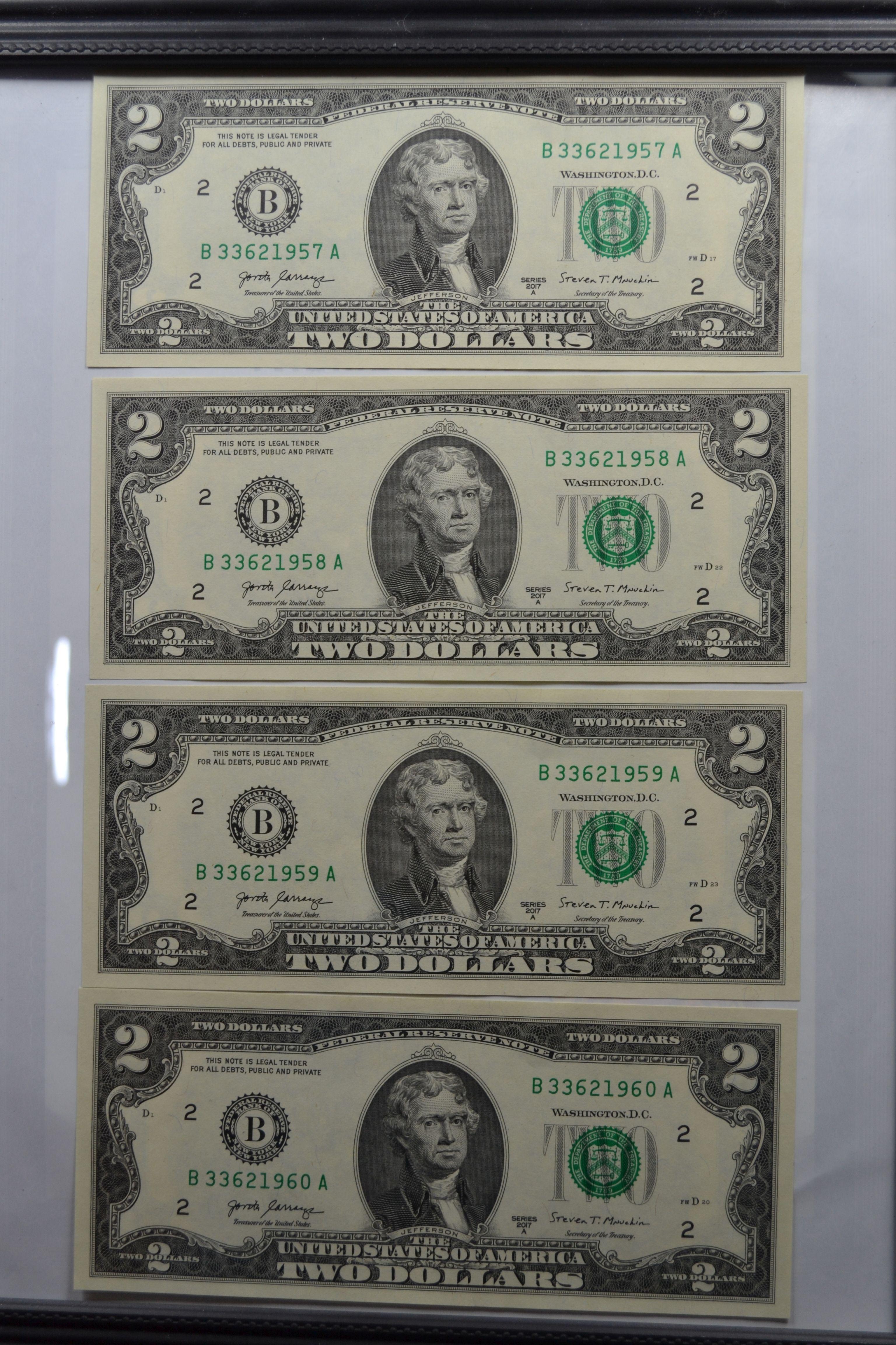 Group of 4 - Consecutive 2017-A Two Dollar Bills; CU