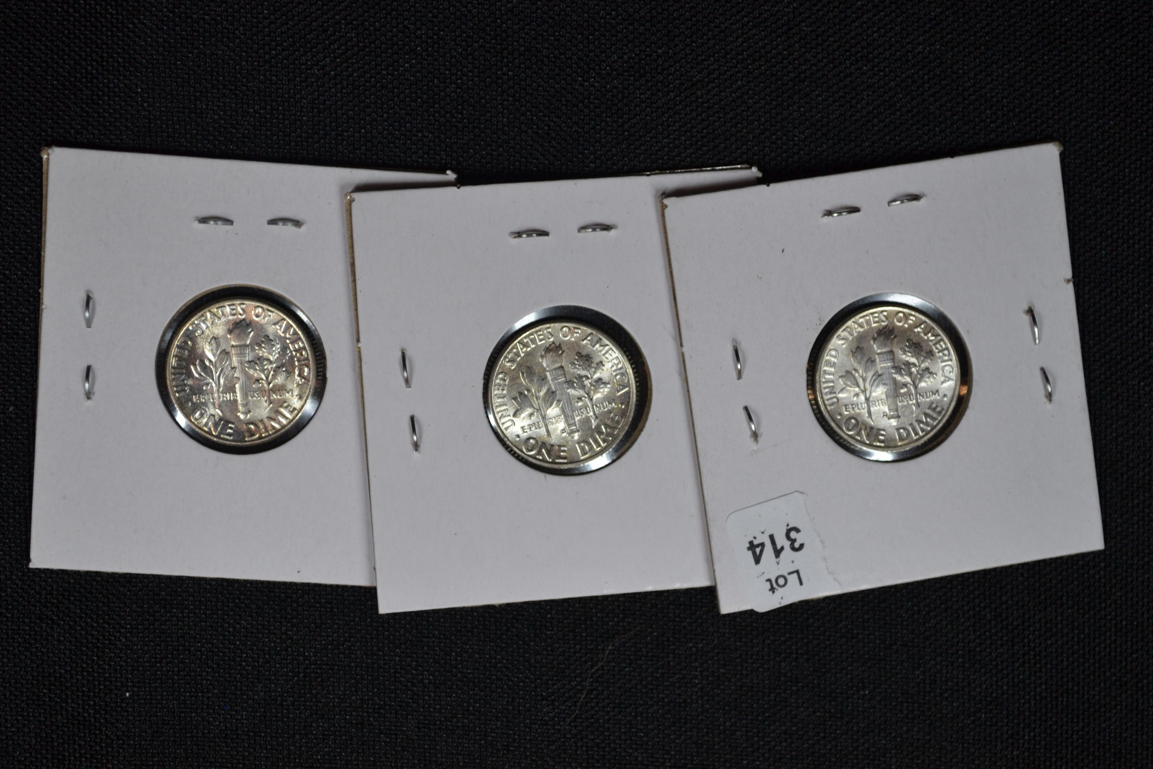 Group of 3 - 90% Silver Dimes including 1955, 1957, 1960-D; BU