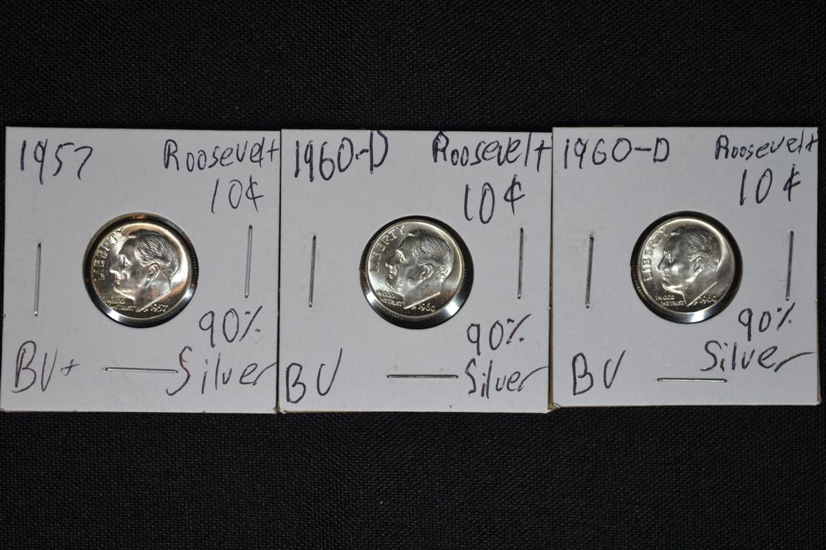 Group of 3 - 90% Silver Dimes including 1955, 1957, 1960-D; BU