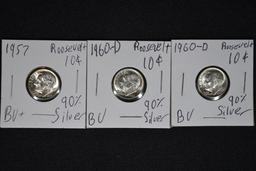 Group of 3 - 90% Silver Dimes including 1955, 1957, 1960-D; BU