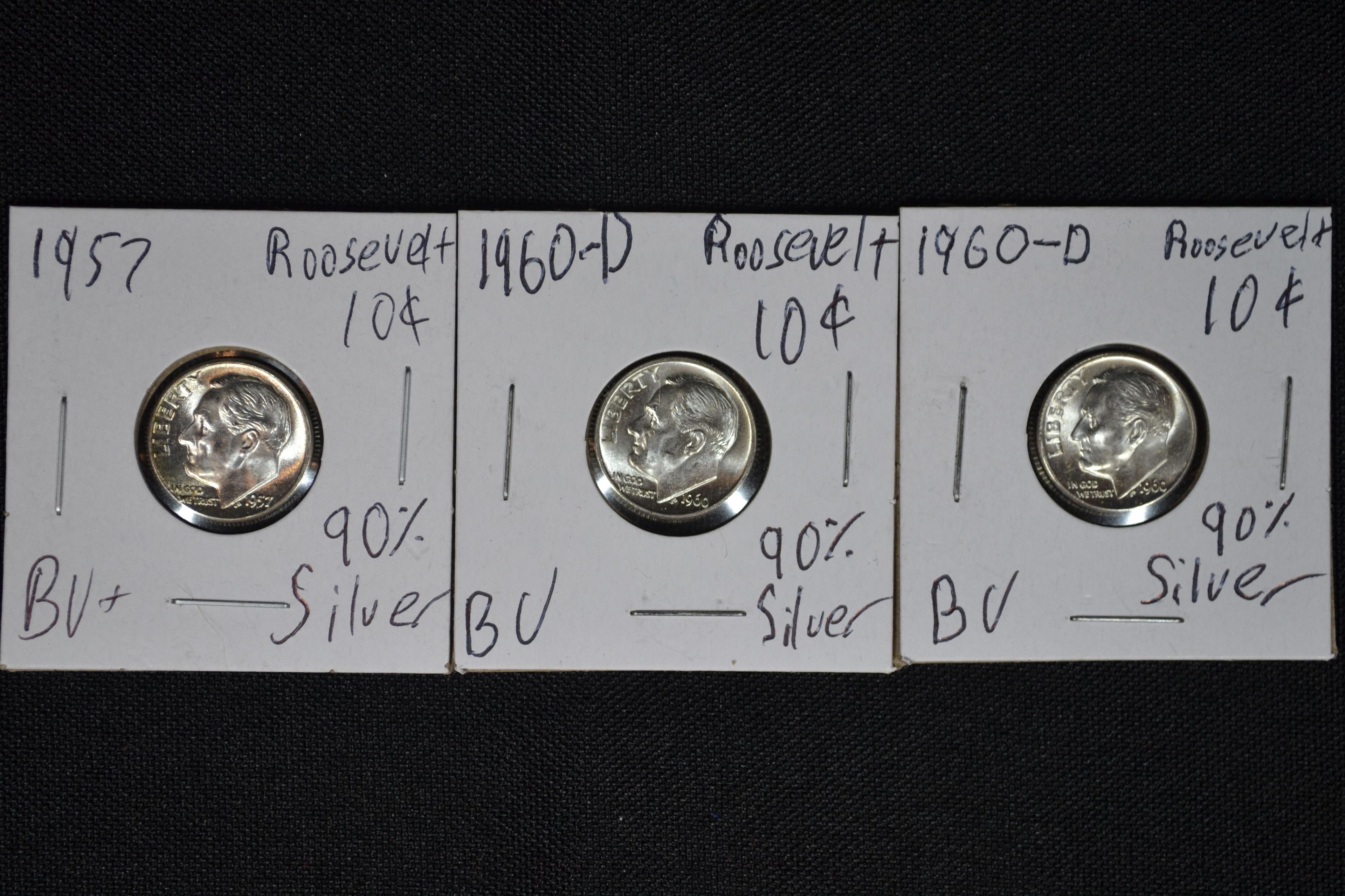 Group of 3 - 90% Silver Dimes including 1955, 1957, 1960-D; BU