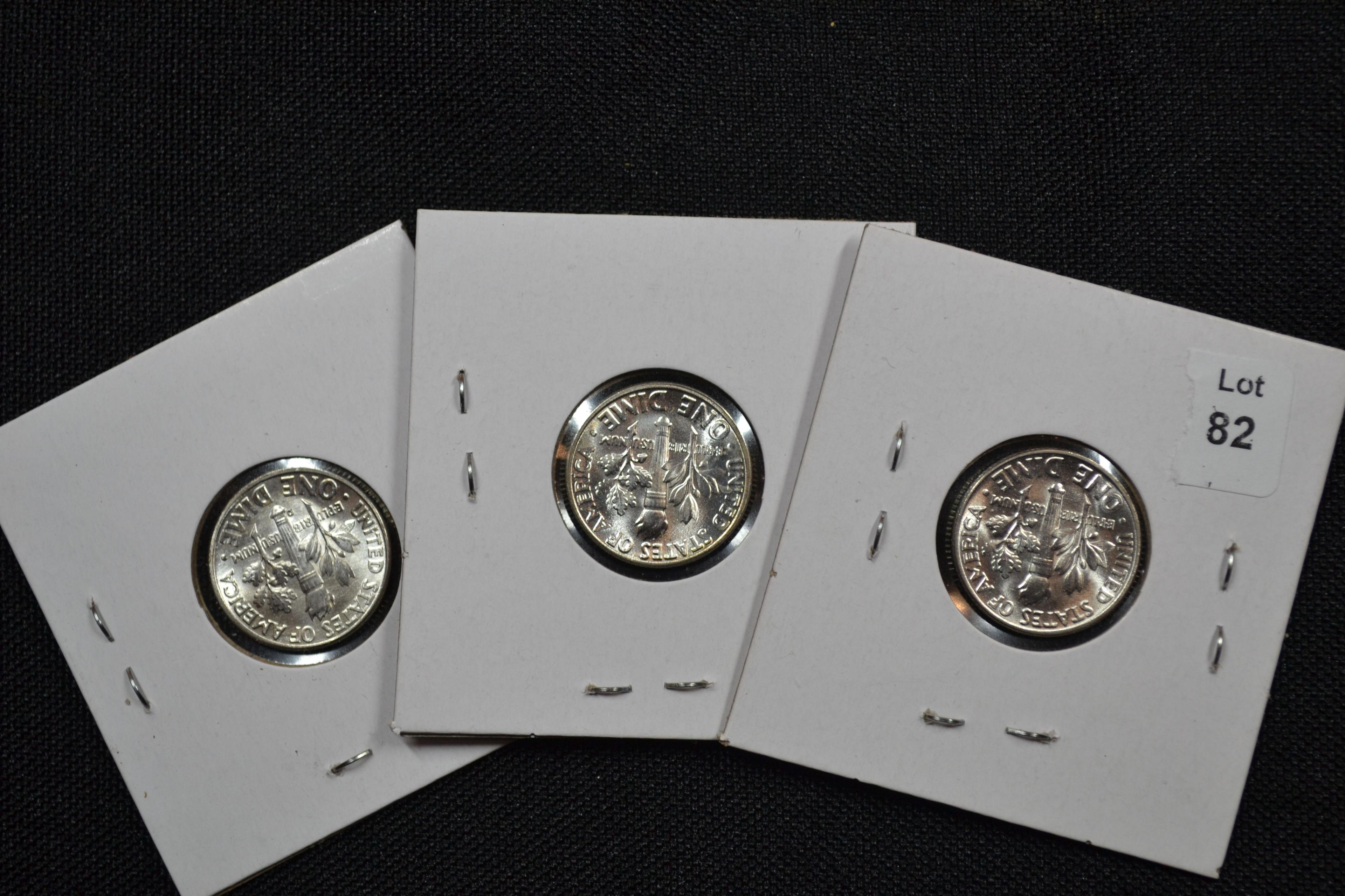 3 - Silver Dimes including 1955, 1957, and 1960-D; Unc. BU; 3xBID