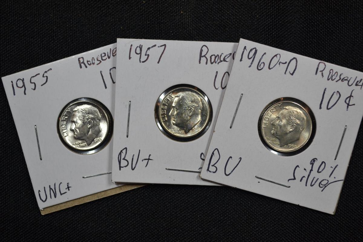 3 - Silver Dimes including 1955, 1957, and 1960-D; Unc. BU; 3xBID