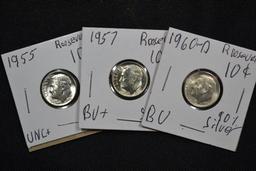 3 - Silver Dimes including 1955, 1957, and 1960-D; Unc. BU; 3xBID