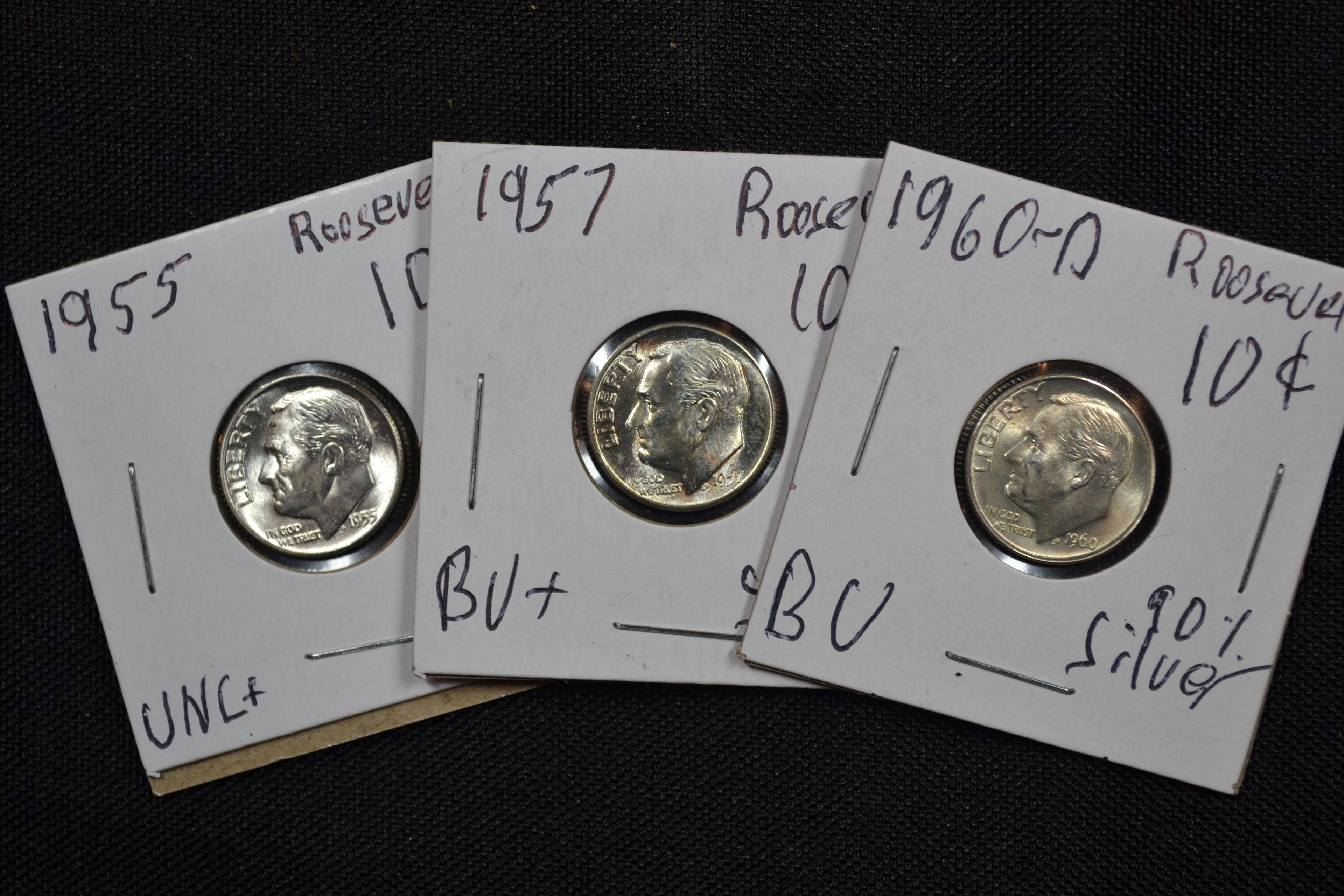 3 - Silver Dimes including 1955, 1957, and 1960-D; Unc. BU; 3xBID