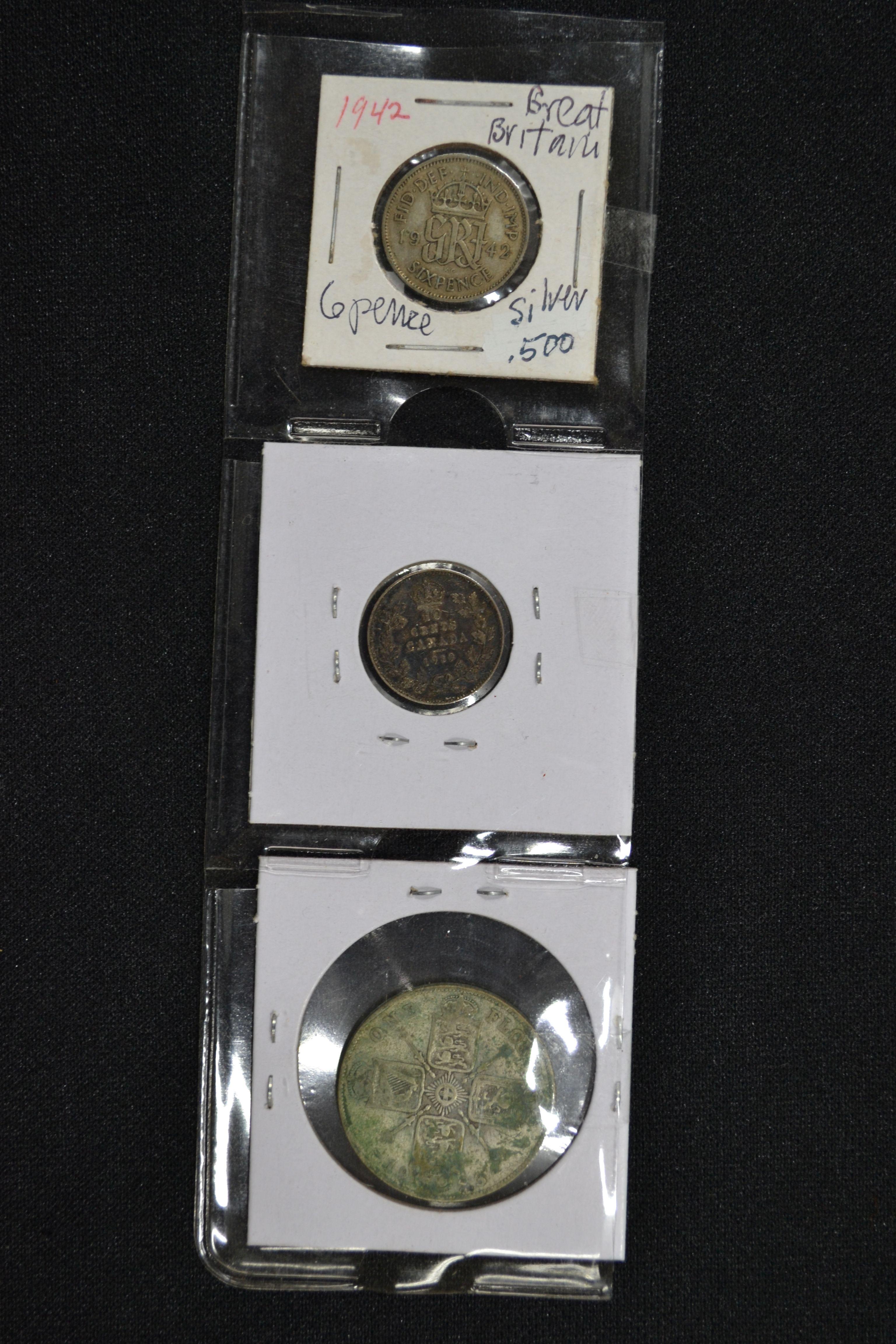 Group of 3 Coins including 1942 Great Britain Six Pence, 1923 Great Britain One Florian, and 1919 Ca