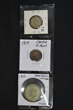 Group of 3 Coins including 1942 Great Britain Six Pence, 1923 Great Britain One Florian, and 1919 Ca