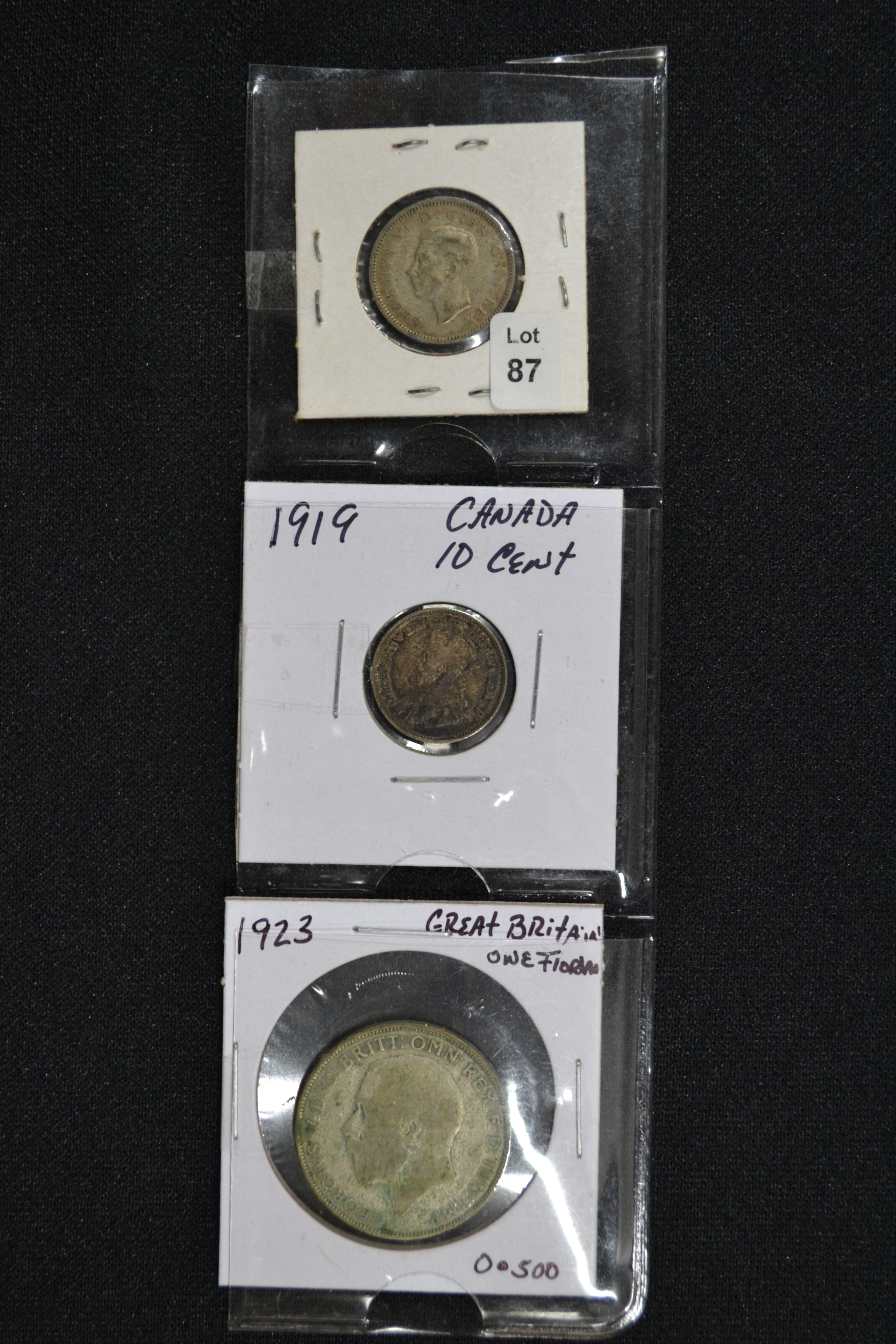 Group of 3 Coins including 1942 Great Britain Six Pence, 1923 Great Britain One Florian, and 1919 Ca